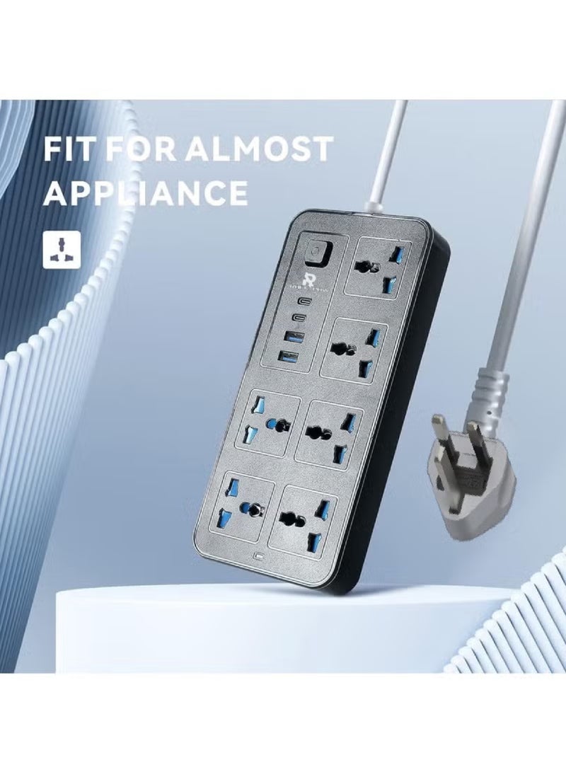 Rock Pow 5 meters Universal Extension Lead with Multiple Function UK Plug 3 Pin Socket Outlet with 6 Gang 2 USB Port 2 Type-C Port 5M Electric Socket Mains Strip for Home Kitchen and Office 5 meters - Image 4